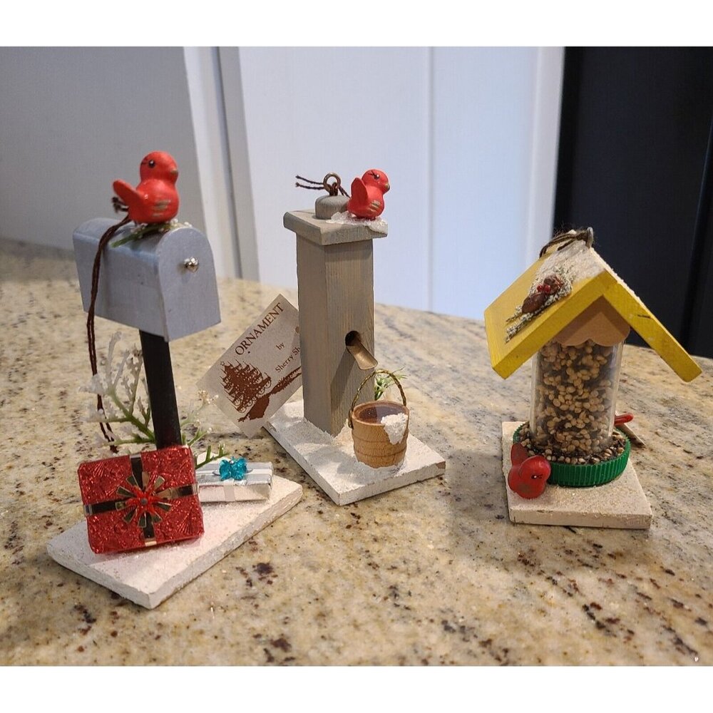 Lot of 3 Wooden Ornaments Cardinal Well Pump Mailbox & Bird Feeder Miniature